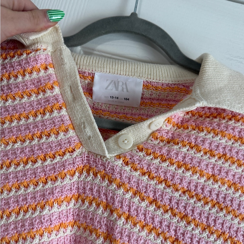 ZARA Matching Set Striped Knitted Crochet Polo Shirt and Skirt 2PC Pink 13-14 XS - Picture 4 of 8